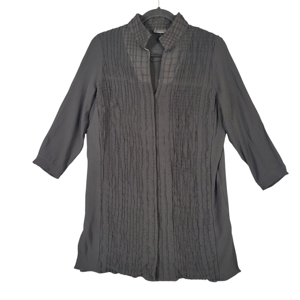 AKRIS Black Silk Sheer Textured Pintuck Collared Tunic Top Minimalist SIZE 12